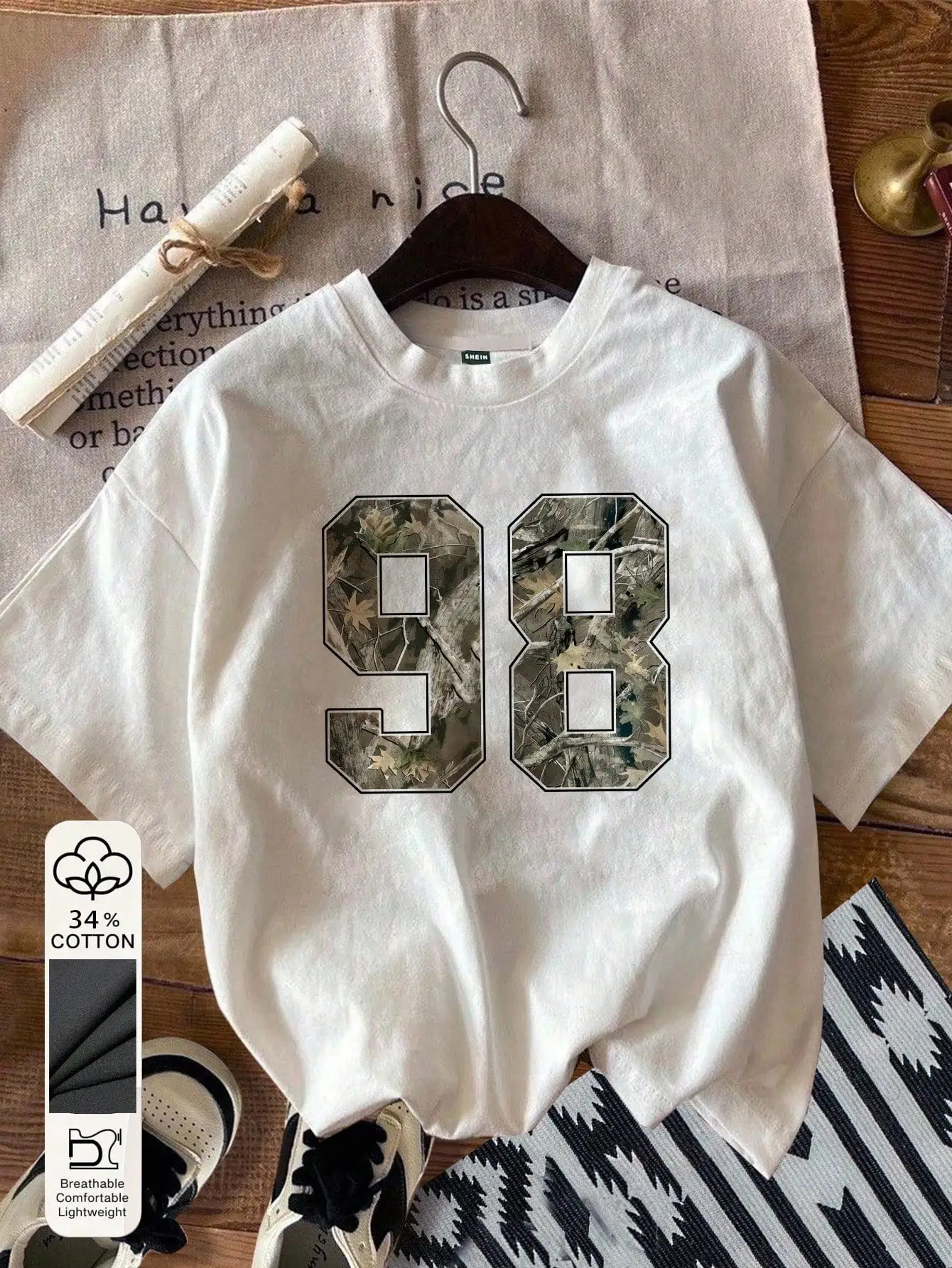 

Women's Casual T-Shirt with Numeric 98 Camo Print, Round Neck, Lightweight Cotton Blend for Summer