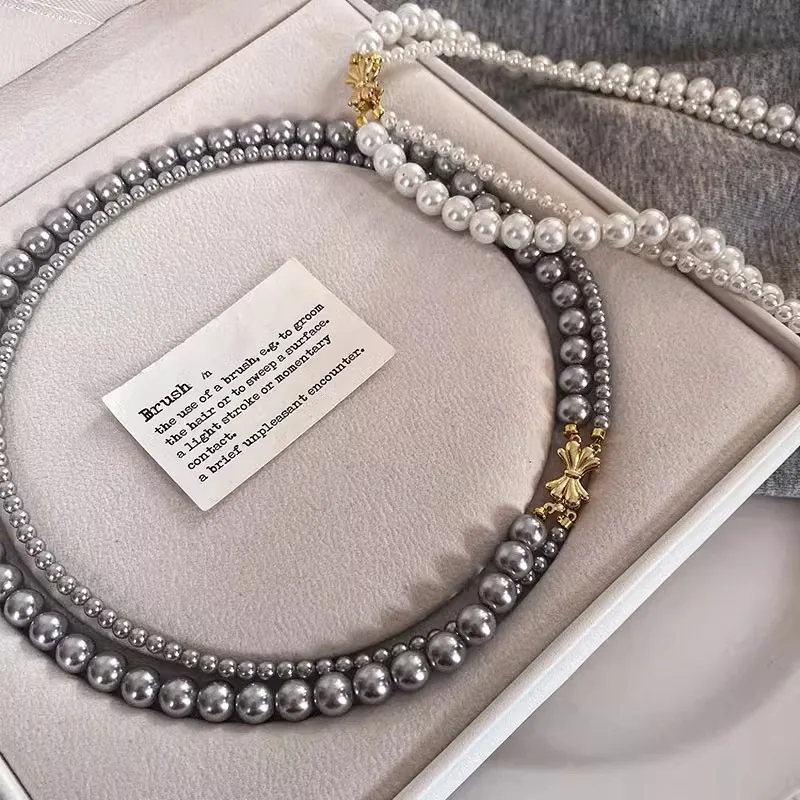 

Zhen Duo Ma Gray Glass Pearl Bowknot Necklace for Women, Elegant Internet Celebrity Double Layer Sweater Chain, Stackable Neckla
