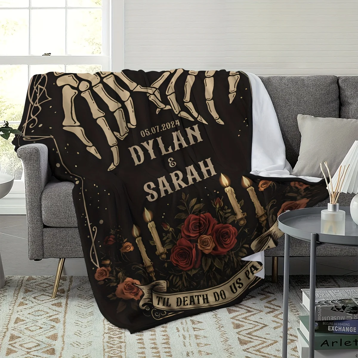 Personalized Skeleton Hands Gothic Throw Blanket for Couple Gift Dark Academia Roses Spooky Halloween Wedding Bed Throw Cozy