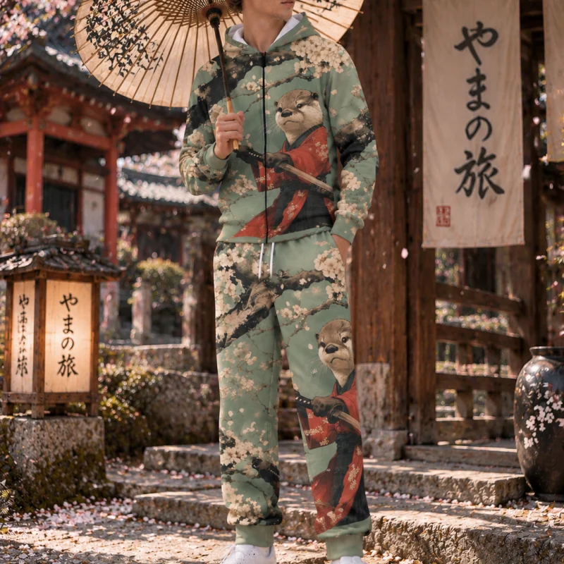 Men's Samurai Otter Tracksuit 2Pcs Set Cherry Blossom Print Zip Up Hoodie Sweatpants Japanese Anime Streetwear view 2