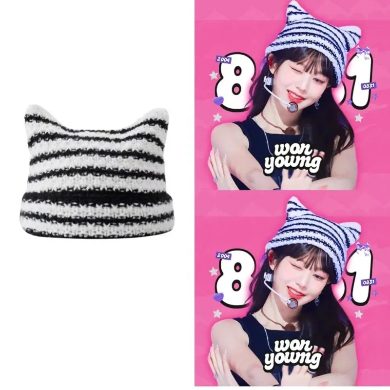 Novo japonês streetwear harajuku gorro pequeno diabo listrado chapéu de malha feminino meninas outono inverno bonito orelhas de gato boné