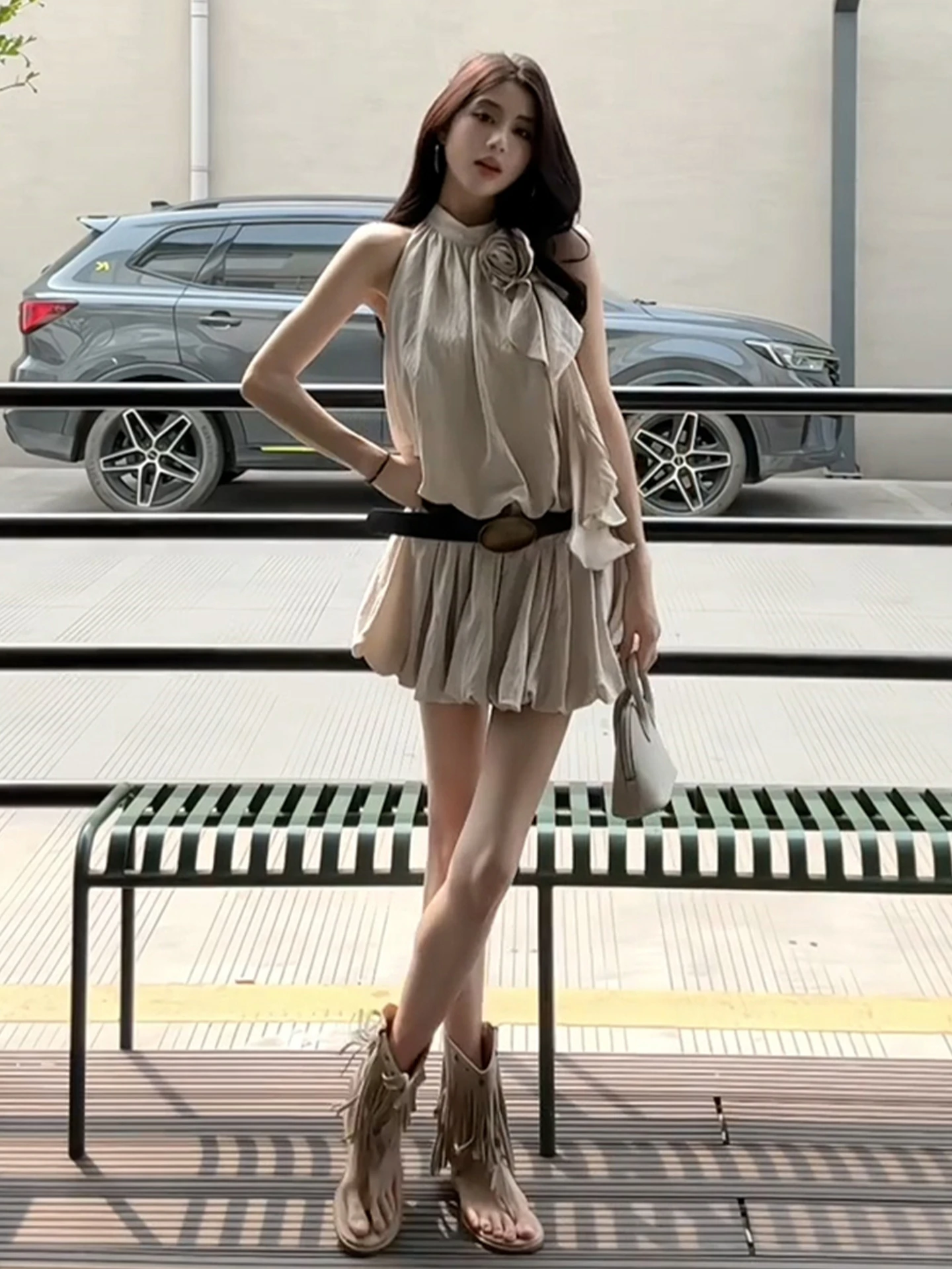 Summer Svel Ne Hanging Vest Dr Women's New Sle High Waist A-Line Skirt Flattering ort Dr Vaion Sle