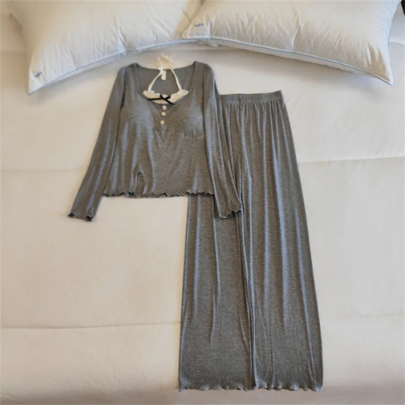 Pajamas Set Woman New Chest Pad Long Sleeve Top Trousers Sets Modal Sleepwear Pijama Female Lounge Sleep Suit Home Clothing