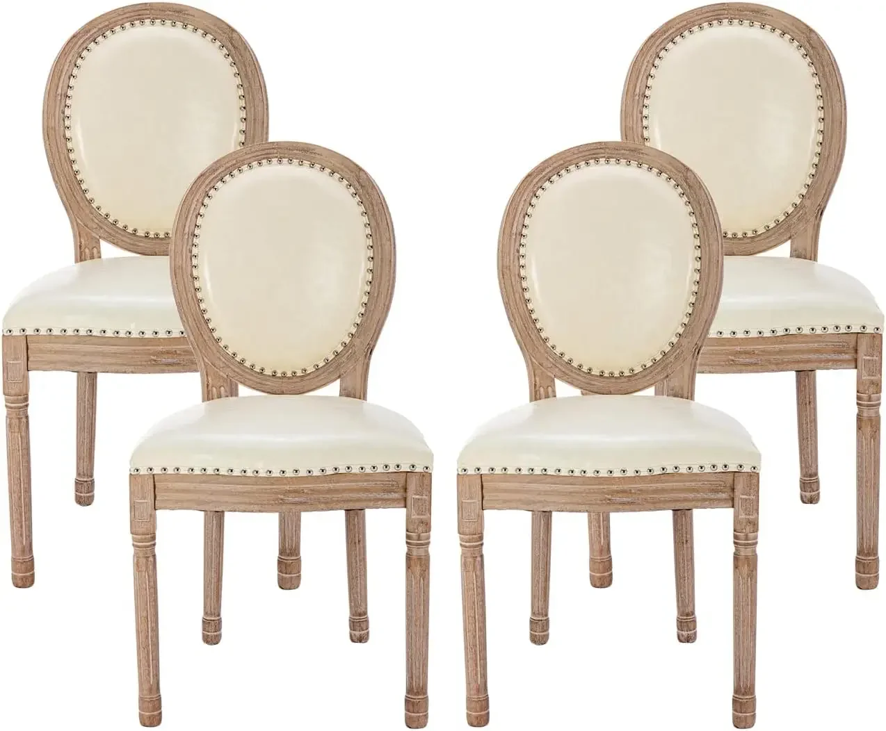 French Country Dining Chairs Set of 4 Leather Farmhouse Dining Room Chairs with Round Back Solid Wood Legs Side Chairs