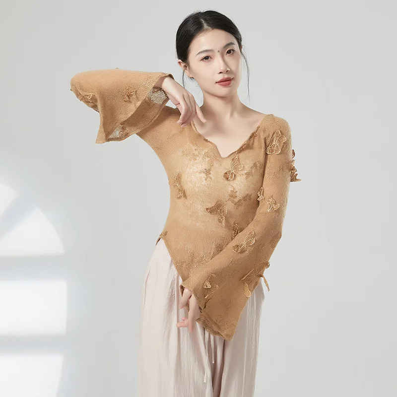 Adult Slim Fit 3D Yarn Embroidery Butterfly V Neck Belly Dance Flare Long Sleeve Blouse Top Costume for Women Dancing Clothes