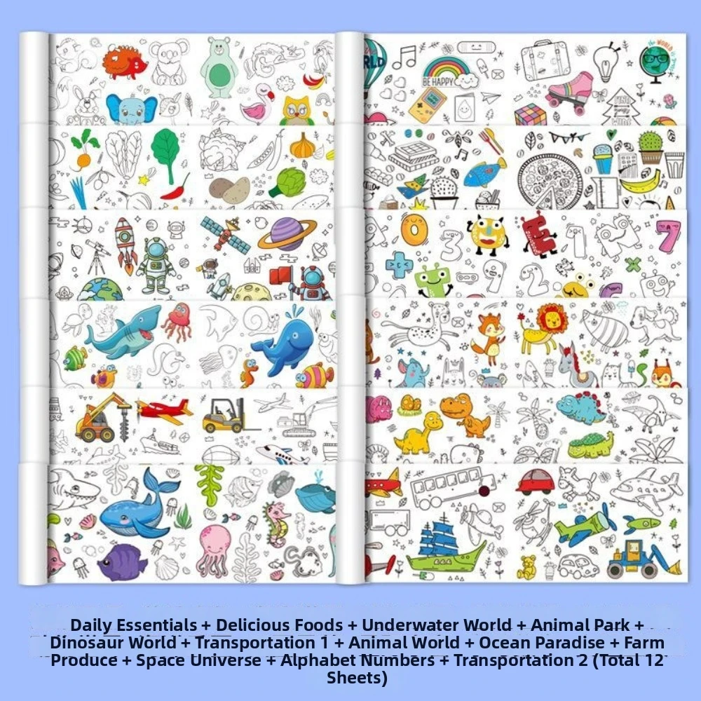 Graffiti Scroll Kids Canvas Transportation Dinosaur World Drawing Paper Hand-drawn Painting Color Filling Painting Roll