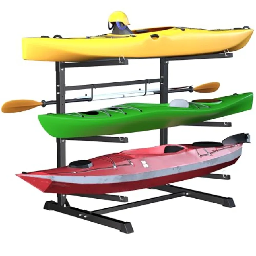 

Outdoor Freestanding Kayak Rack Heavy Duty Kayak Stand for 3 Kayaks Canoe Surfboard Paddle Board Storage Hold up to 600lbs Blac