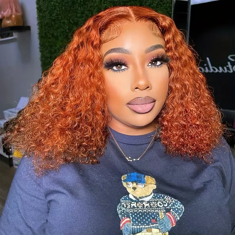 

Ginger Orange #350 Short Water Wave Curly Remy Human Hair Bob Style13x4 Transparent Lace Frontal Wigs