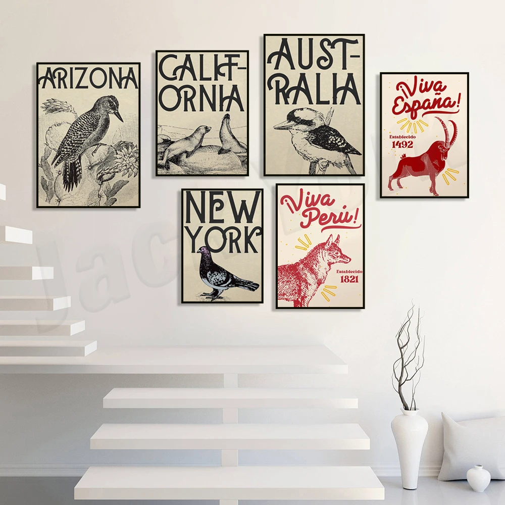 

Spain, Peruvian llama, California sea lion, Australian bird, Arizona woodpecker, Montana rock goat, North Carolina bird poster