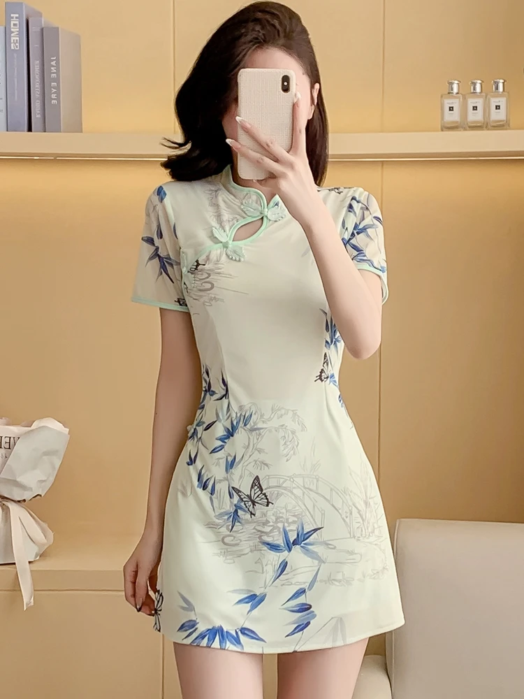 

Faionable Young Women's Summer Qipao Set ort Pants Dr Retro Sle Breathable Low Slit Daily Wear Floral Print