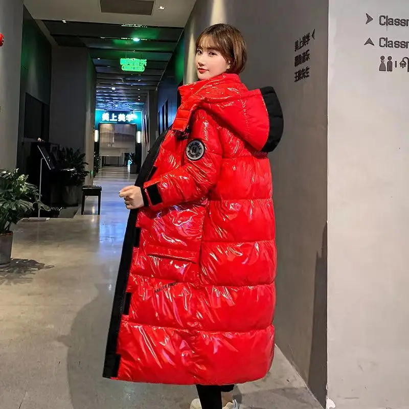 Casaco de inverno feminino 2023 nova jaqueta de inverno com capuz preto longo para baixo jaqueta de algodão solto quente brilhante casaco de neve parka feminino