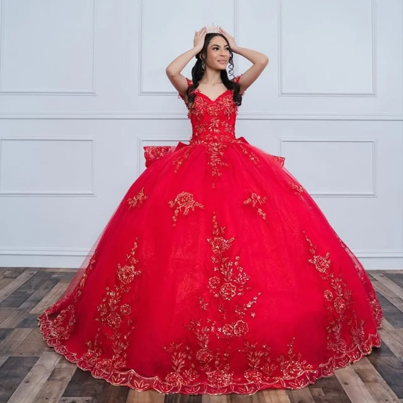 

Красное платье Quinceanera с блестящей наклейкой, кружевной многослойный цветок, длинный хвост, бант, Vestidos De 15, Quinceanera ﻿ Настроить