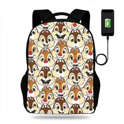 Fashion Disney Chip n Dale Backpack Boys Girls School Bag Teenager Book Bags Men Women Rucksack USB Travel Knapsack Mochila