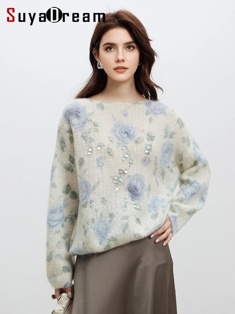 SuyaDream, Woman Mohair Pullovers, Sheep Wool, Beadings, Printed Sweaters, Round Collar, 2025 Fall Winter Fashionable Top, Blue