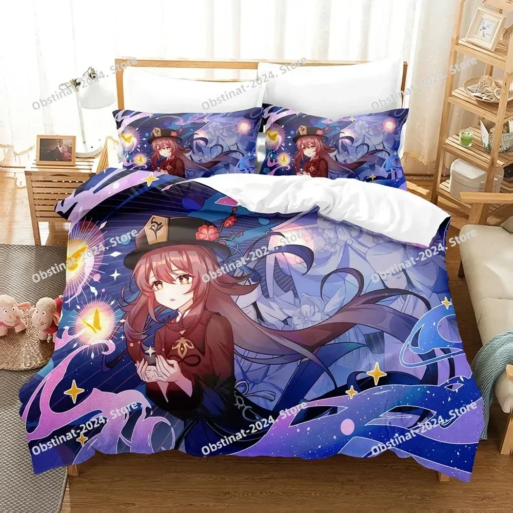 Hu Tao Bedding Set Genshin Impact Duvet Cover 3D Game Home Textile with Pillowcase for Teens Adults Kids Men Women Bedroom Decor