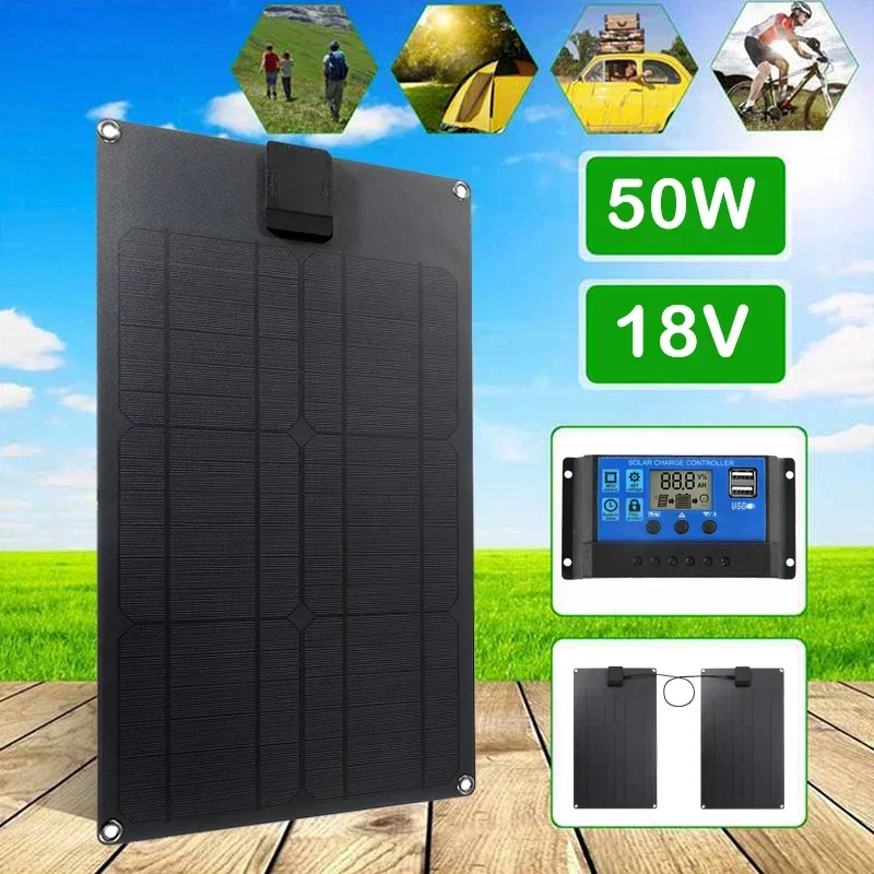 

18V Solar Panel Monocrystalline Double USB 50W Solar System Kit Complete Power Bank Solar Plate for Car Yacht RV Battery Charge