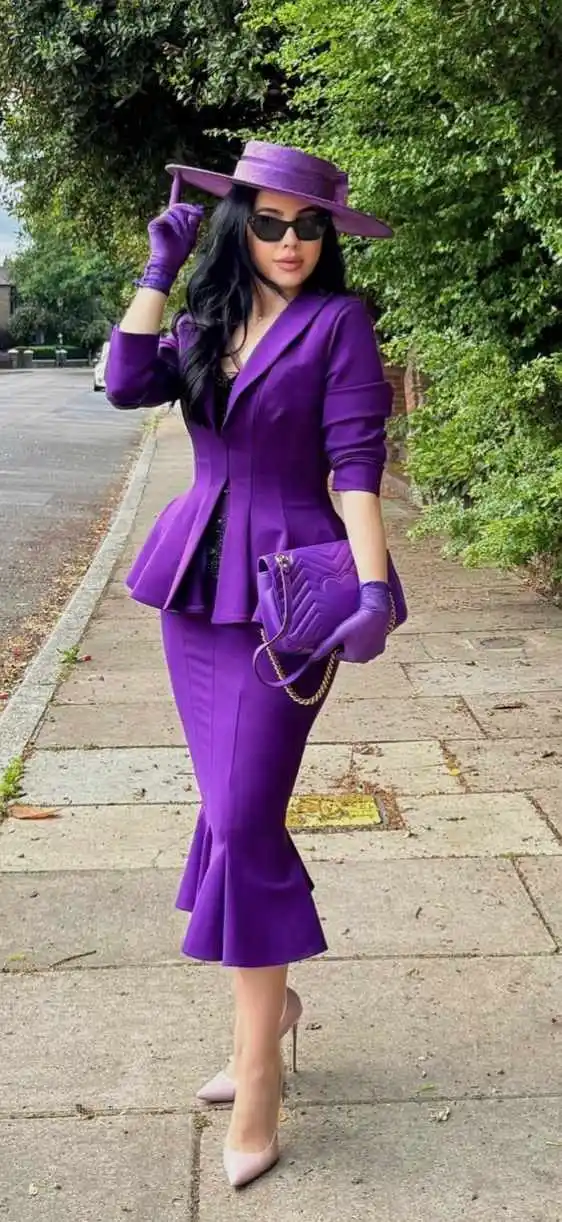 Vibrant Purple & Peplum Hem Design Women's 2-Piece Blazer Set Fitted Skirt Formal Suit for Elegant Gala Events Customized