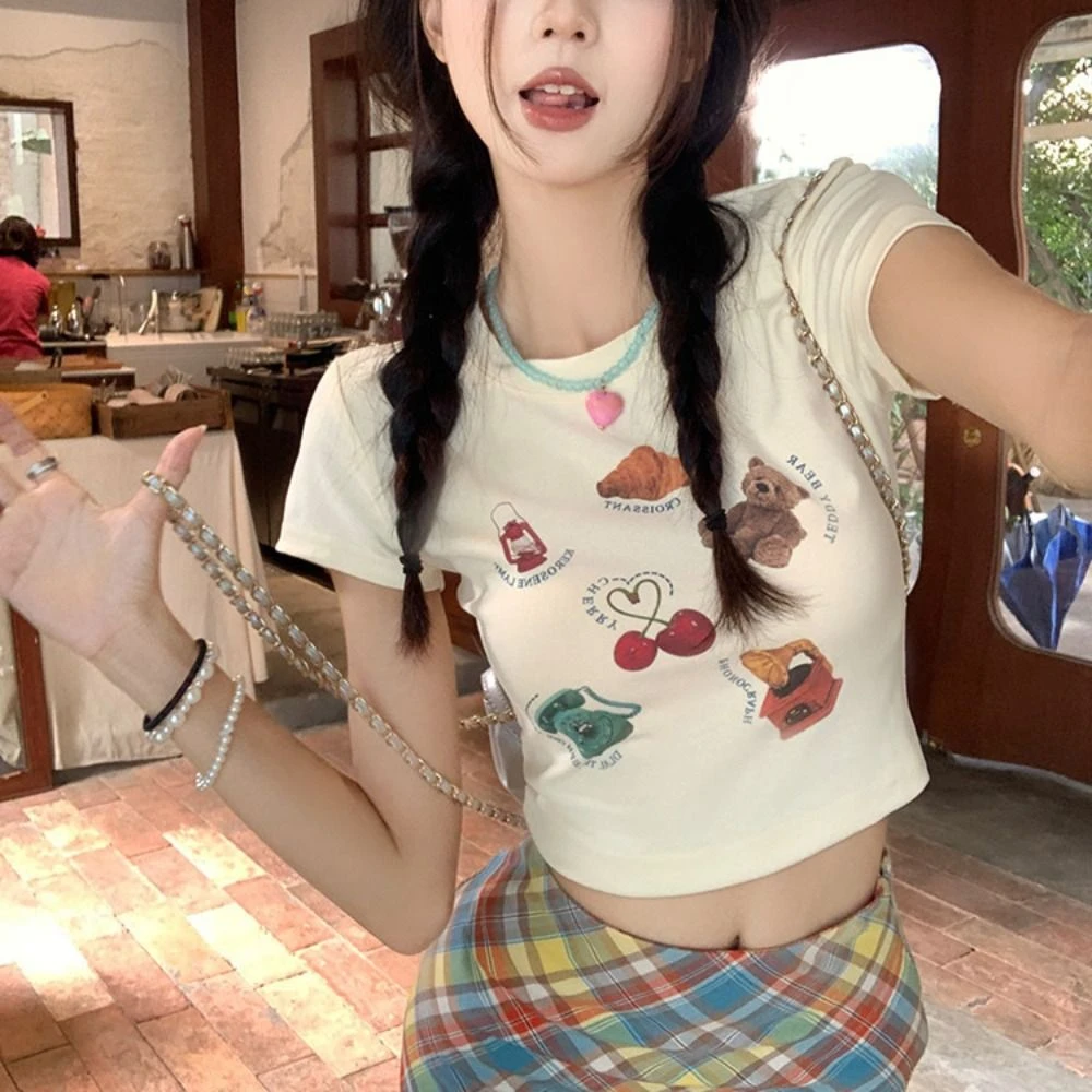

Fashion Cartoon Short Sleeve T-shirt Slim Fit Pullover Y2K Crop Top Women Chic Sweet Basic Tees Shirts Streetwear