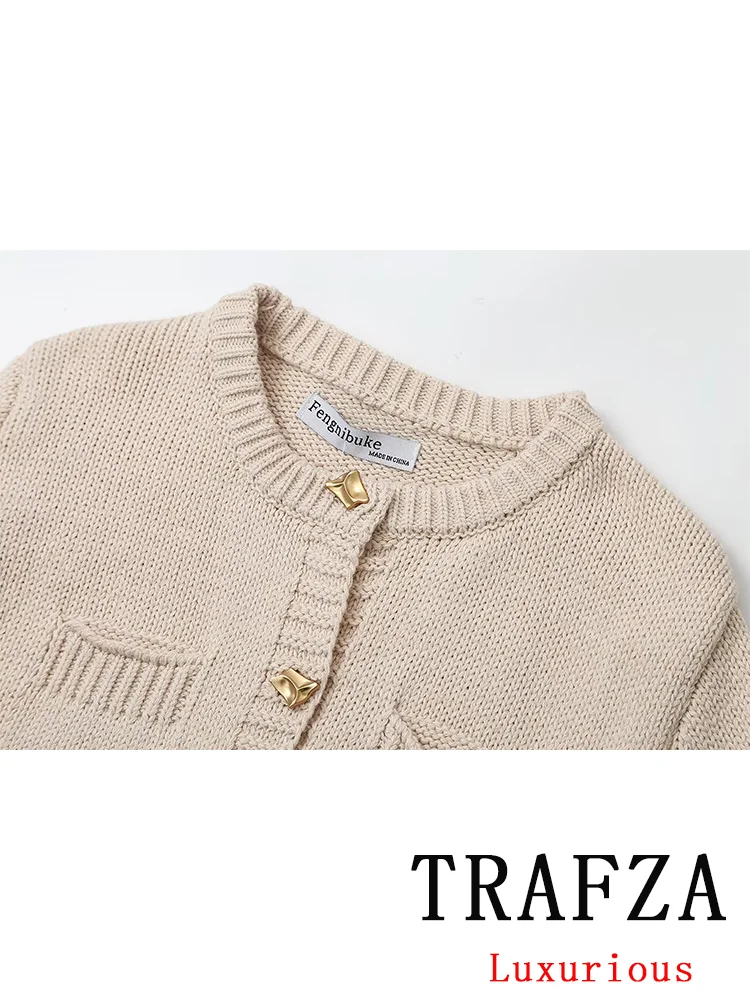 TRAFZA Vintage Casual Chic donna maglione solido o-collo manica lunga lavorato a maglia monopetto moda 2024 primavera estate maglioni