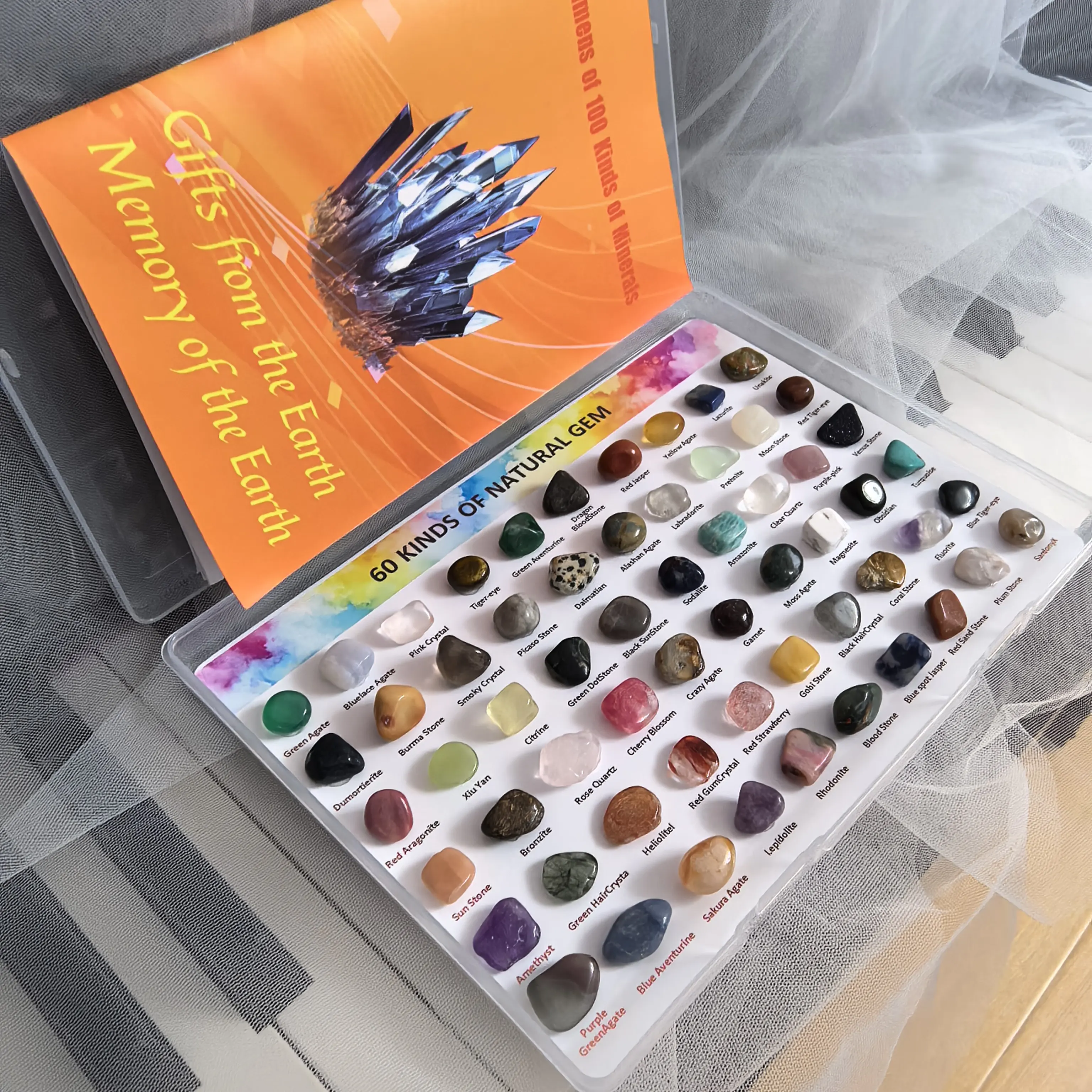 60 Stück natürliche Mineralien + 100 Arten, Handbuch, Amethyst, Obsidian, Rosenquarz, Tigerauge, Heimdekorationsornament, kreatives Geschenk für Feiertage – Detail 3