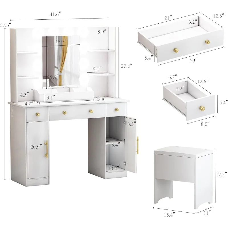 Vanity Desk with Mirror and Lights, Makeup Vanity with Charging Station & Vanity Stool, 3 Drawers and Cabinets