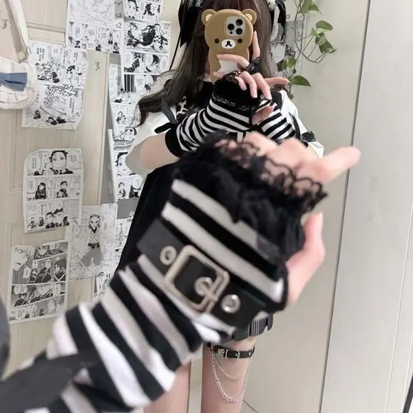 Women Men Gothic Lolita Glove Arm Cover Harajuku Arm Warmers Striped Fingerless Punk Long Wristband Fashion Y2K Girls Gloves