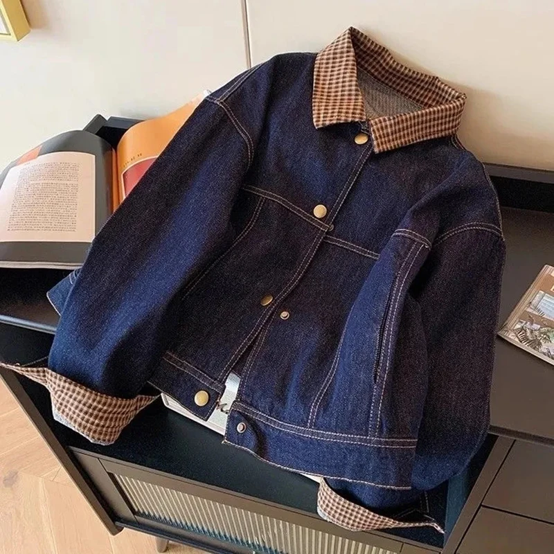 Women Vintage Denim Coat Fall Winter Plaid Patchwork Button Long Sleeve Jacket Loose Casual Simple Retro Streetwear New Jackets