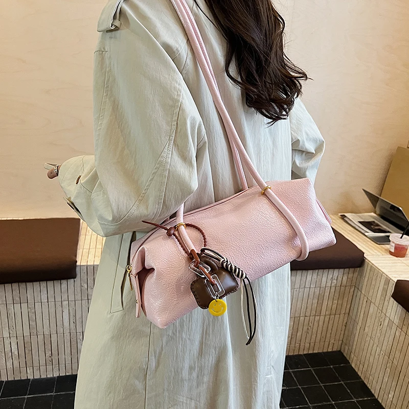 Women's Crinkled Faux Leather Cylinder Shoulder Bag Cute Charm Adjustable Strap Casual Daily Crossbody Bag 2026 Handbags Tote