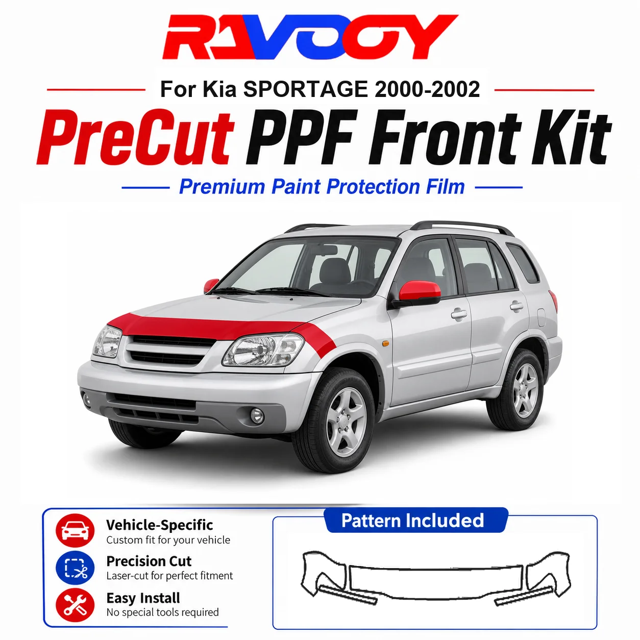 

8.5mil TPU Precut PPF Kit For Kia SPORTAGE 2000-2002 - Hood, Fenders & Mirror Set - Self-Healing Clear Bra Film