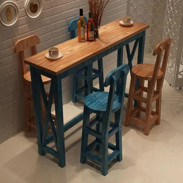 

Mediterranean solid wood bar chairs, high old bar balcony bar, home bar table, bay window, Pingrun