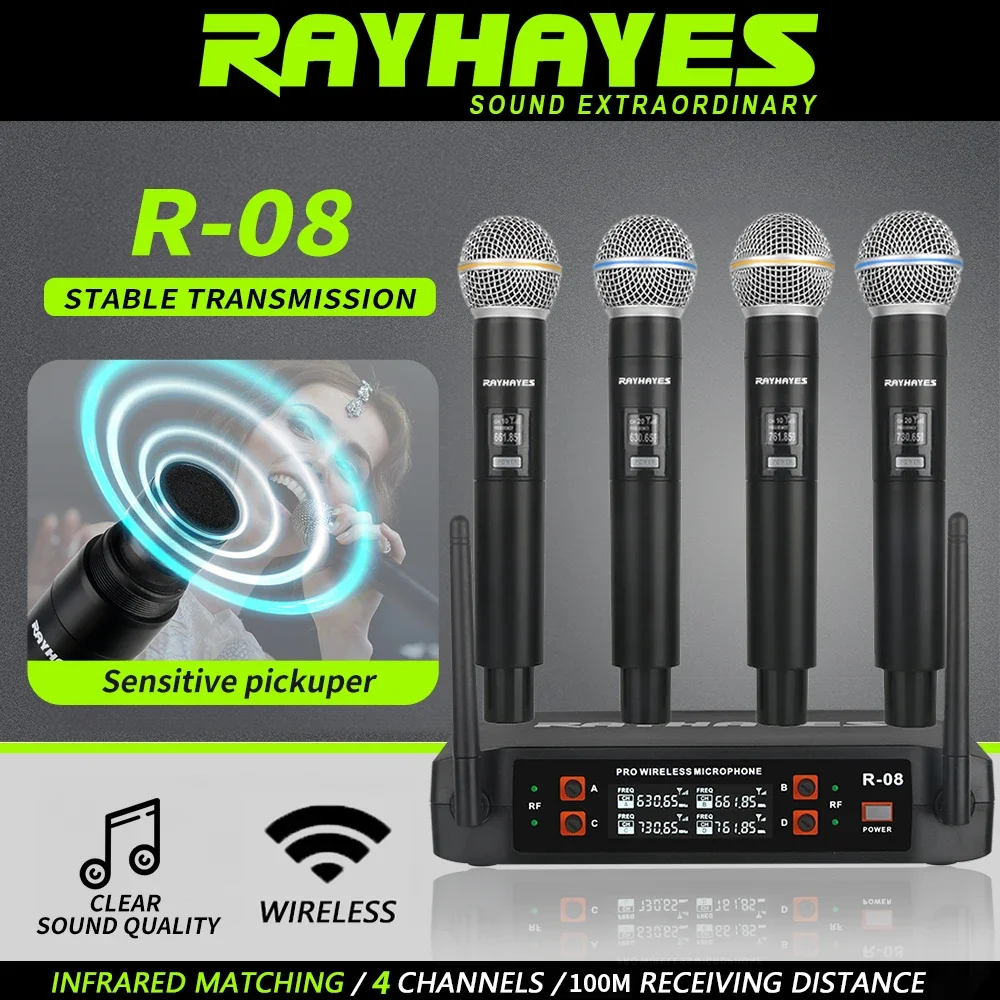 

RAYHAYES R-08 Professional 4-Channel Wireless Microphone suitable for stages weddings churches and parties