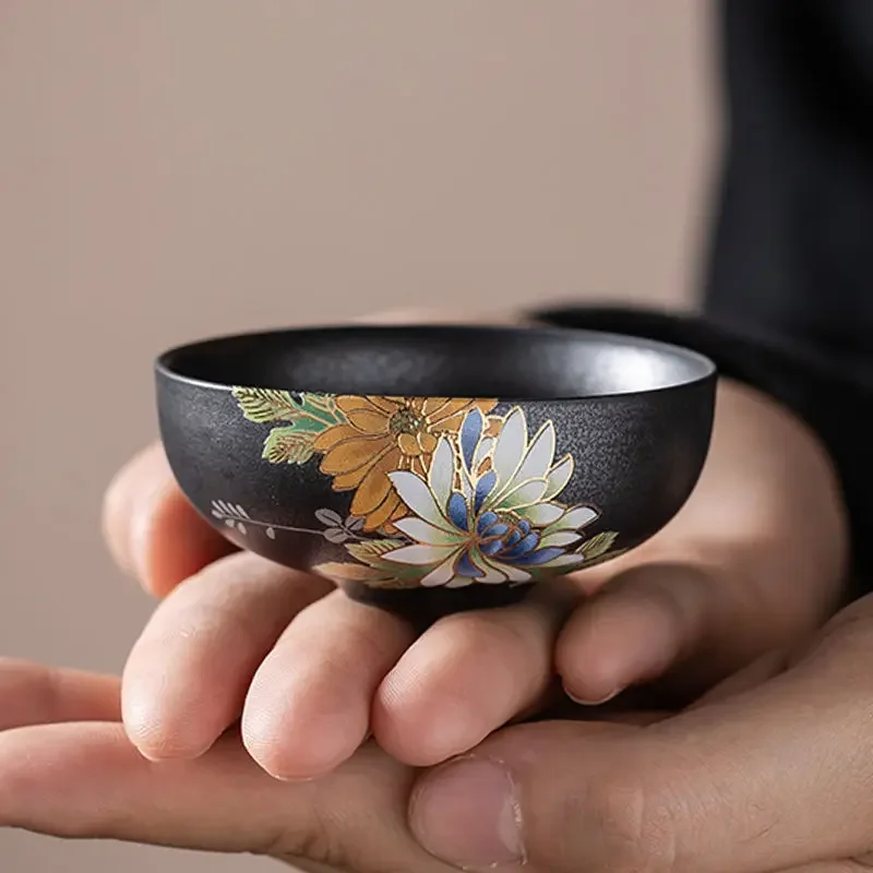 Taza de té artesanal en relieve con estampado en caliente, color negro y plateado, taza Goupin, taza maestra de cerámica antigua, juego de té de Kung Fu
