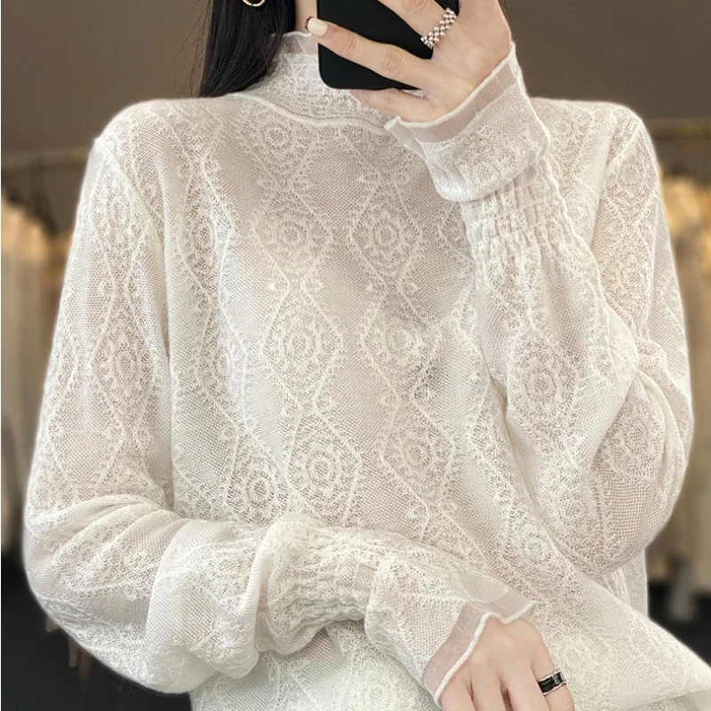 Spring And Summer Women'S New Pullover Loose Long Sleeve Base Worsted Lace Mesh Collar Breathable Hollow Knit Sweater