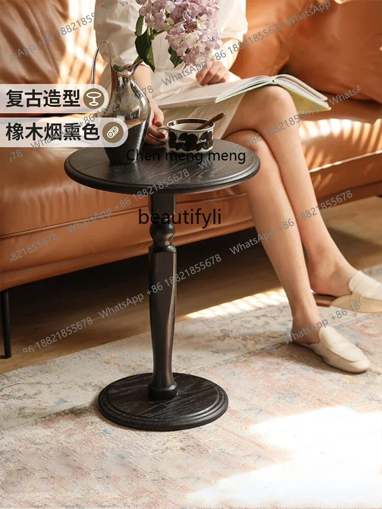 E153  American Retro Solid Wood Side Table round Coffee Table Black Misty Style Coffee  Small round Table Small Apartment Corner