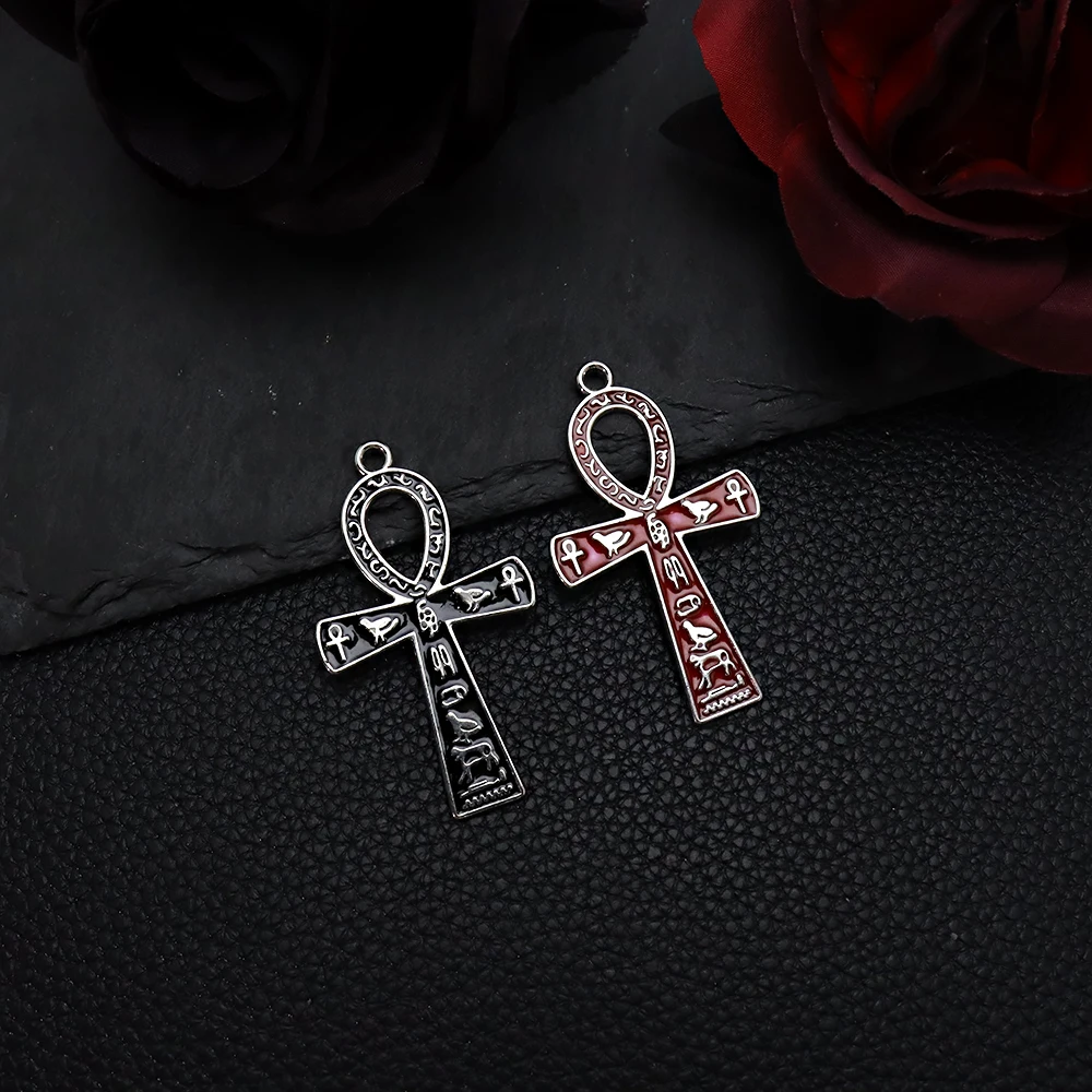 2pcs Egyptian Ankh Cross Pendant, Enamel Hieroglyphic Charm, Gothic Jewelry DIY Findings