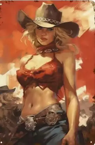 COW GIRL METAL TIN SIGN SEXY BLOND PIN UP GIRL SHOWING BELLY RED TOP COWBOY HAT