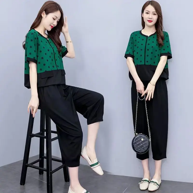 

Women Casual Dot Print Patchwork 2 Pieces Outfits Fashion O-Neck Loose Top Pants Set Female Pantsuits Oversize Good Quality