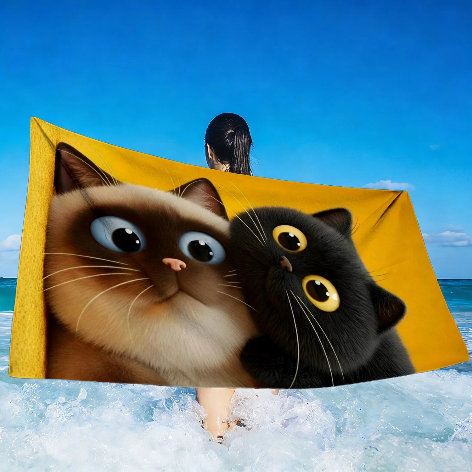 Cute Cats Beach Towel, Siamese & Black Cat Peeking Print Oversized Bath Towel, Soft Quick Dry Cat Lover Summer Beach Blanket