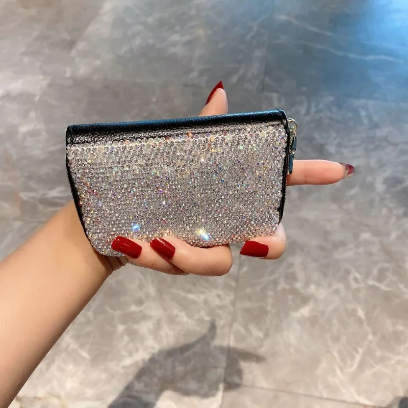 Diamond Studded Zipper Compact Wallet Women Short Card Bag Ultra Thin Exquisite High End Large Capacity Multiple Card Slots