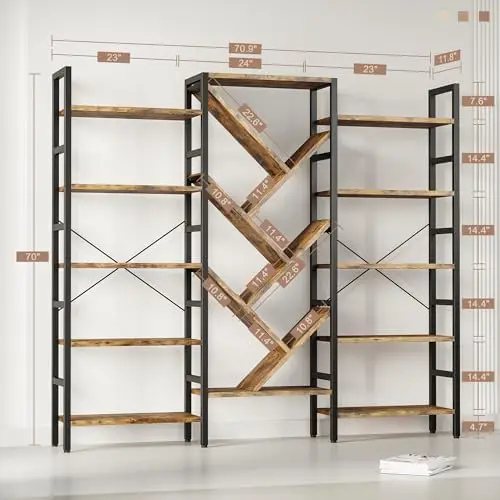 70x70 Triple 5 Tier Book Shelf, Large Wooden Bookcase with 17 Open Display Shelf, Modern Tree Bookshelf Metal Frame