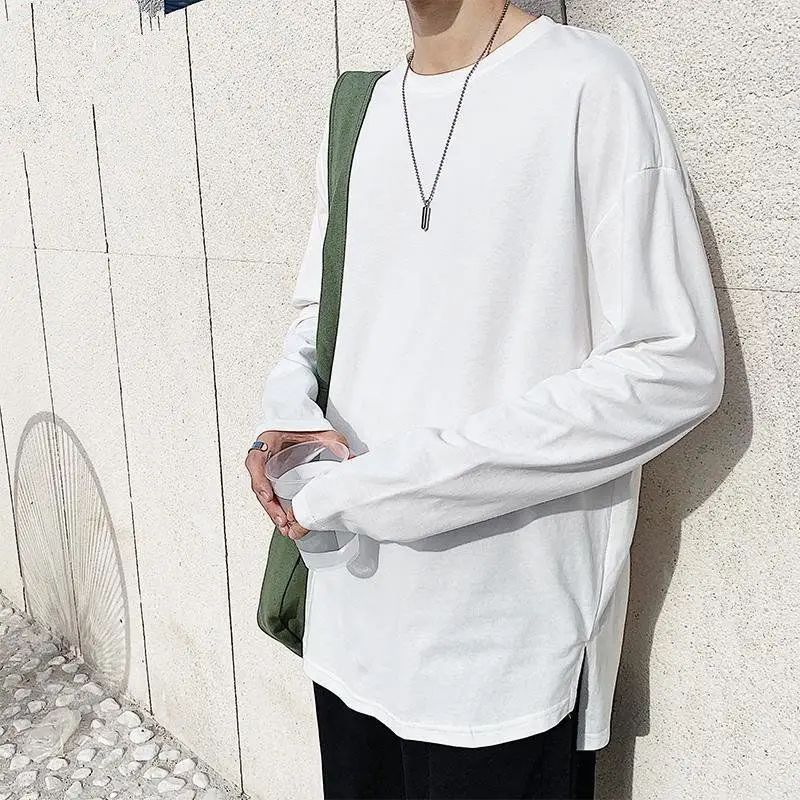 Men's Long Sleeve T-Shirt Split Hem Pure White Loose Fit High Street Casual Tops Spring Autumn Fashion Base Layer