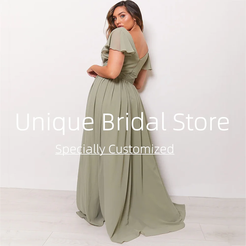 CustomizedClassic Bridesmaid Dresses Short Sleeves Open Back Sweep Train Sexy Deep V-neck A-line Pretty Women New Fashion Evenin