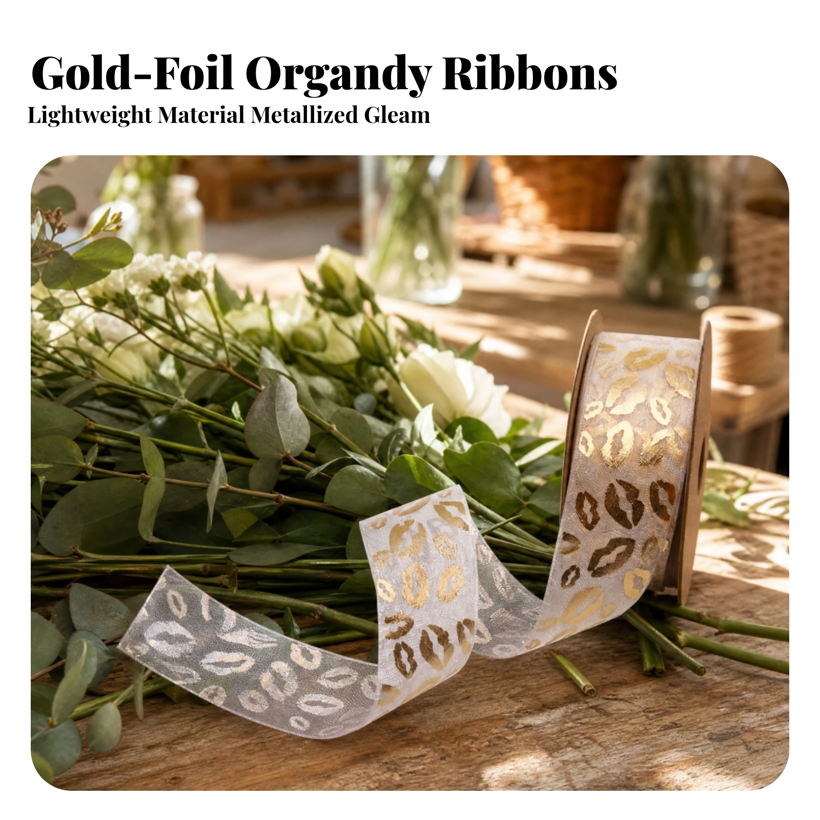 Translucent Organza Ribbon with Gold Foil Decoration Translucent 10m Organza Ribbon Roll Lightweight Tear-Resistant