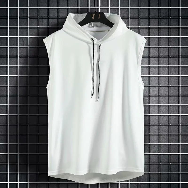 T-Shirt for Men Top Vests Sleeveless Tees Woman Hooded Gym Clothing Exercise Sport Shirt Korean Style Casual Solid Color M-3XL