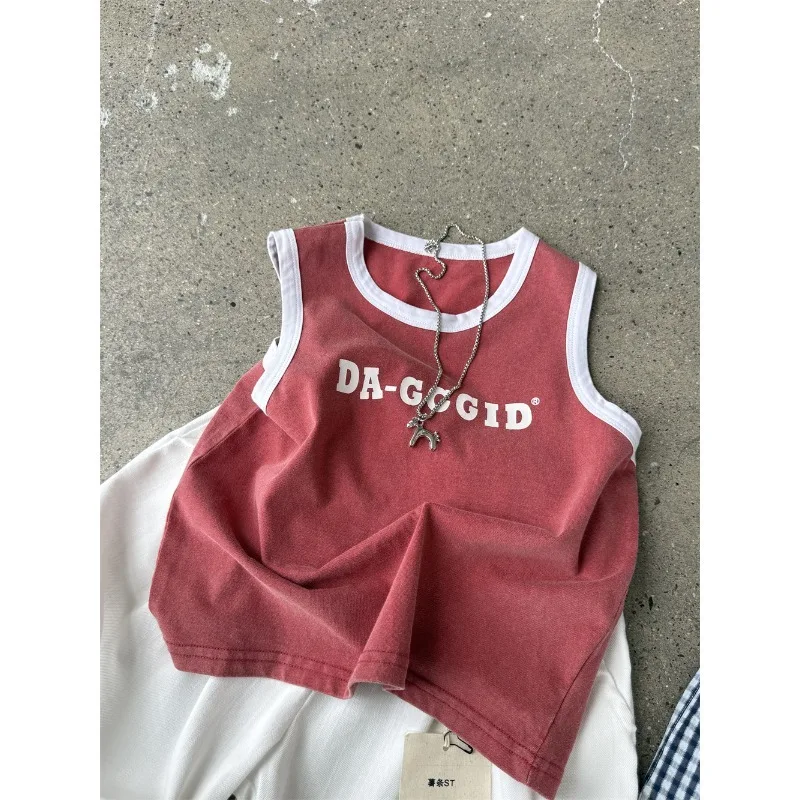 2026 Summer American style children's vintage sand washed bright color vest for boys and girls, retro loose sleeveless T-shirt