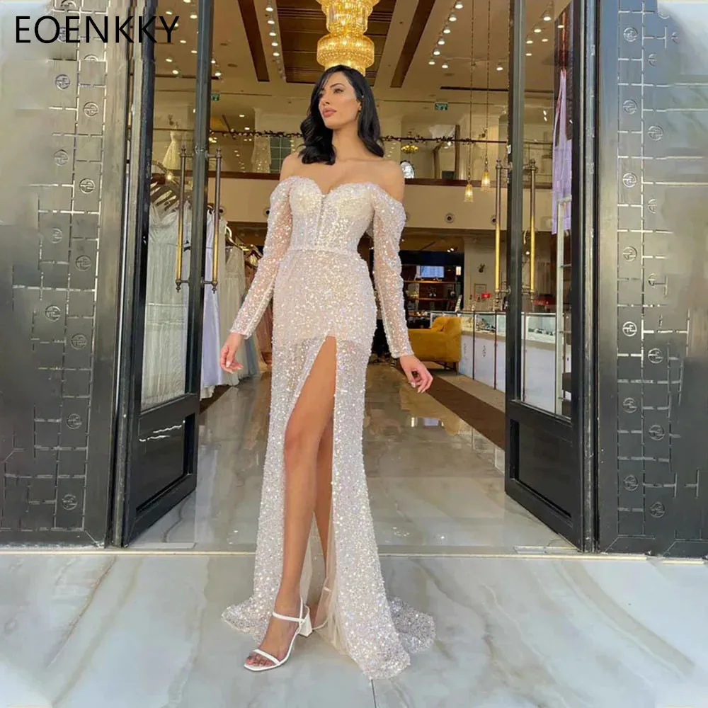 

White Sparkling Mermaid Wedding Party Dress Off the Shoulder Long Sleeve Sequin Formal Occasion Dress Luxuy Evening Dresses 2024