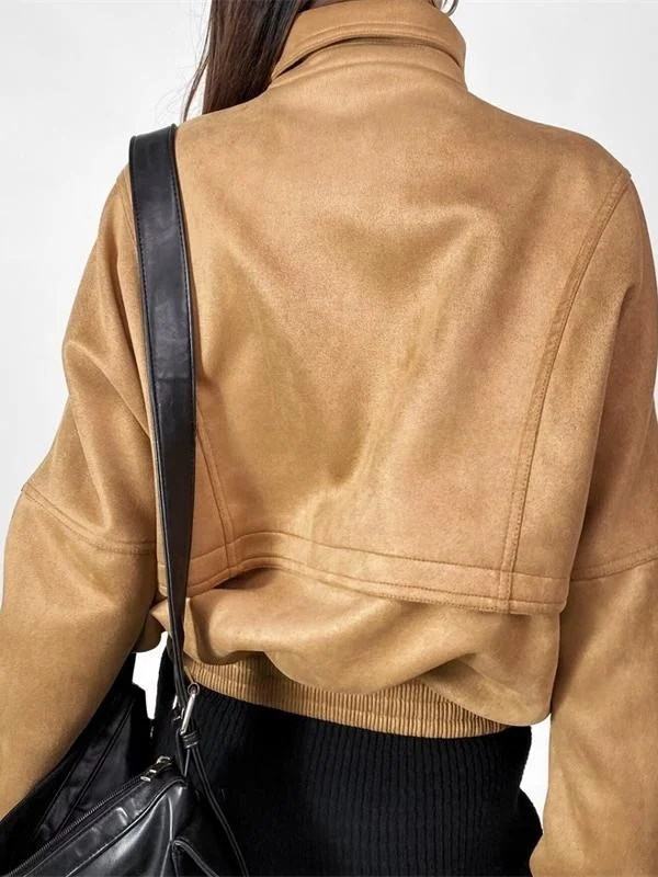 เสื้อโค้ทสไตล์เรโทรแบบลำลองสำหรับผู้หญิง ผ้าหนังกลับทรงหลวมอเนกประสงค์ สไตล์ฮ่องกง แขนยาว ปิดด้วยซิป