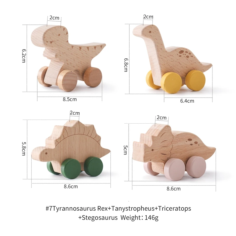 1PC Baby Wooden Toys Beech Wood Cartoon Dinosaur Car Montessori Educational Toys Boy Girl Baby 0-12 Months Toys Newborn Gifts