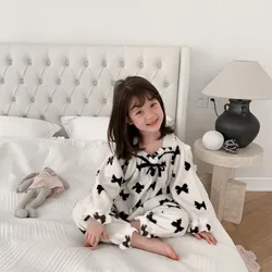 Girls Pajamas Set Winter Square Collar Sleepwear Fleece Velvet 2 Piece Pant Home Suit Fluffy Korean Warm Kids Night Wear 2-7yrs