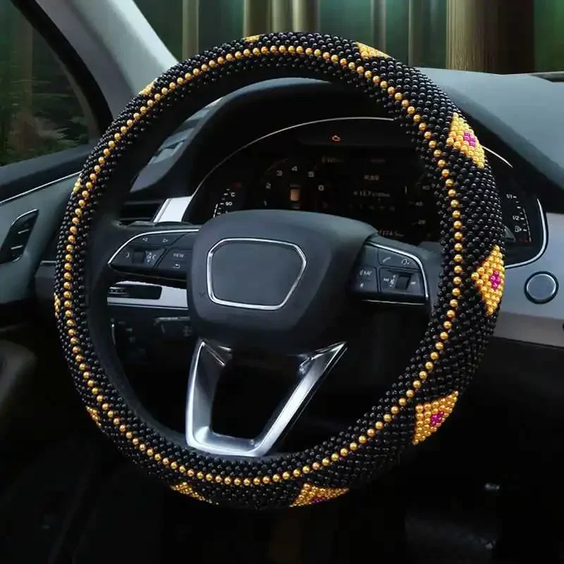 1Pc Car Accessories 38cm Steering Wheel Cover Wooden Bead Cool Summer Anti-skid Handlebar with Leather